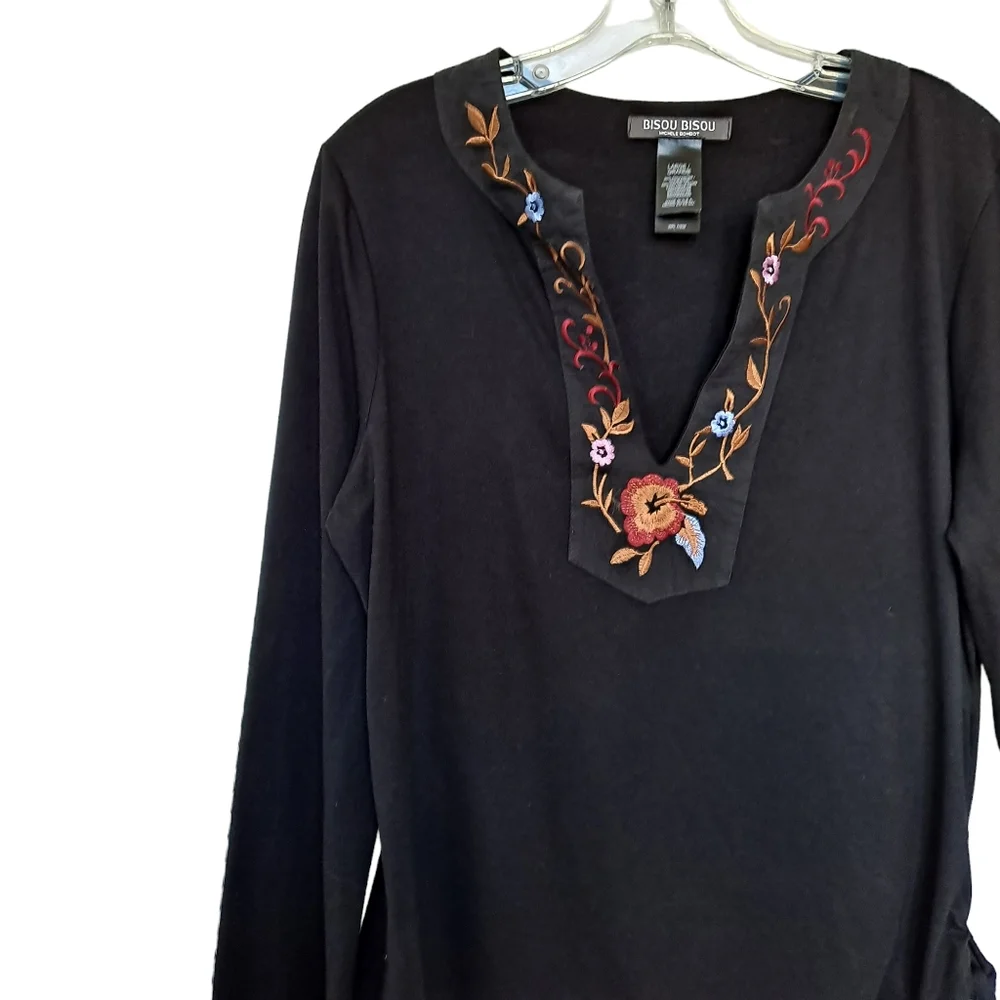 Bisou Bisou Michele Bohbot Vintage Black Boho Floral  Embroidered Top szL - Picture 4 of 6